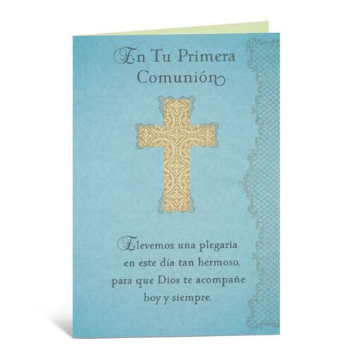 Tarjeta Primera Comunion Cruz Dorada En Azul