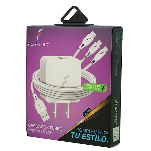 Cargador Forward Turbo con Conector Lightning/Tipo C/Micro USB
