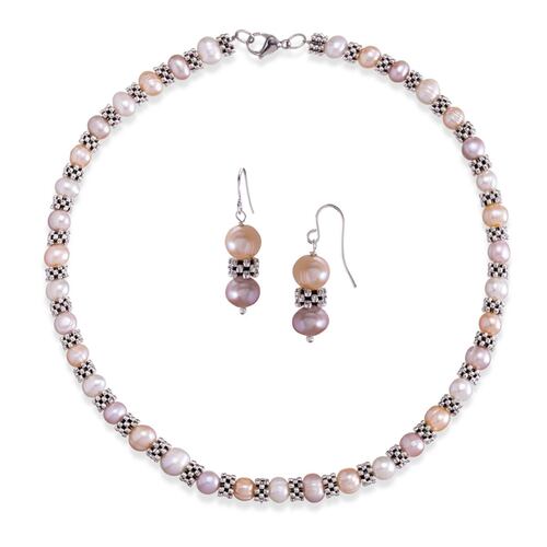 Collar y Aretes C&C Elegante Perlas Cultivadas Rosa-Blanco-Salmón