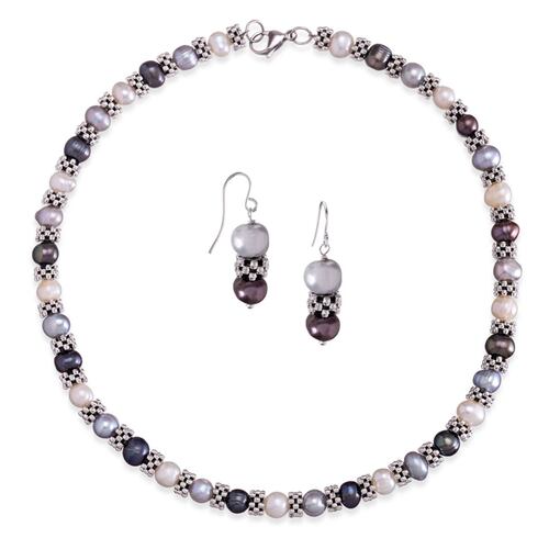 Collar y Aretes C&C Elegante Perlas Cultivadas Blanco-Gris-Negro