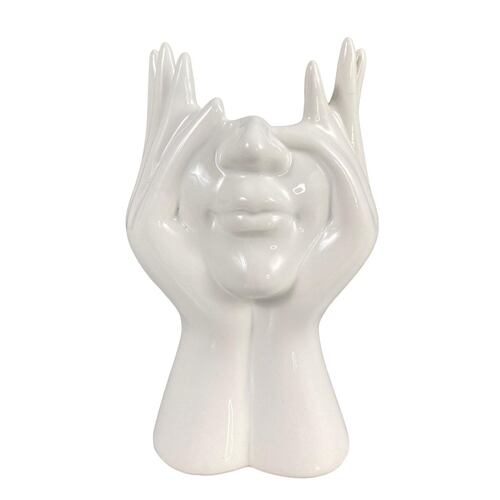 Figura Decorativa Manos en Rostro Color Blanco Tamaño Grande