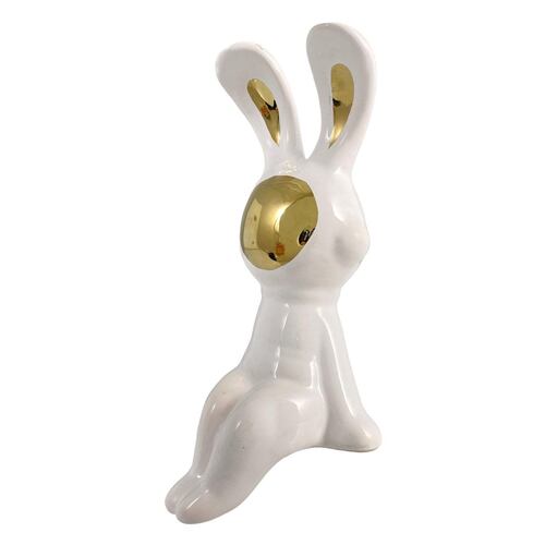 Figura Decorativa Conejo Blanco Sentado con detalles dorados