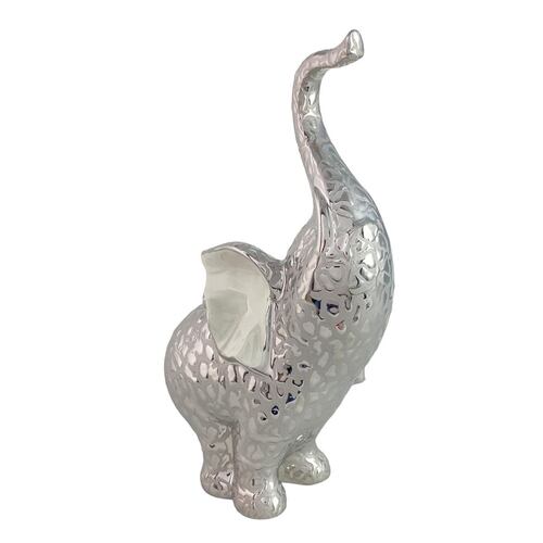 Figura Decorativa Elefante Color Plata Brillante con Trompa Levantada