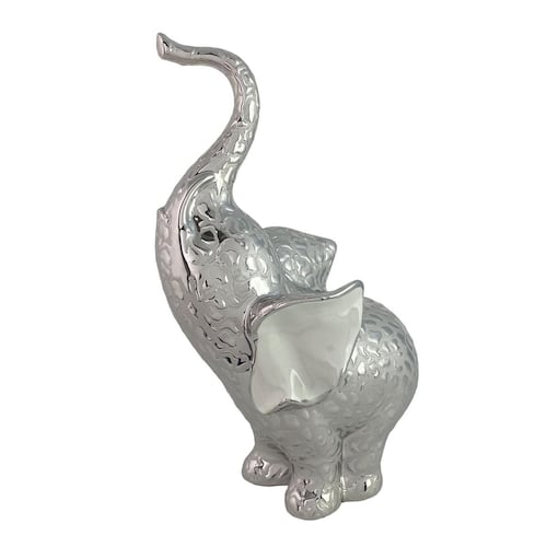Figura Decorativa Elefante Color Plata Brillante con Trompa Levantada