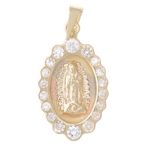 Medalla Religiosa, Tricolor, Virgen de Guadalupe en Relieve, Oval con Circonias en Oro de 14K, Sini