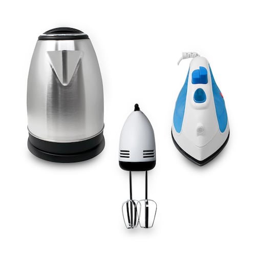 RCA Combo Básico de Electrodomésticos – Incluye Batidora de Mano, Tetera Eléctrica y Plancha de Vapor