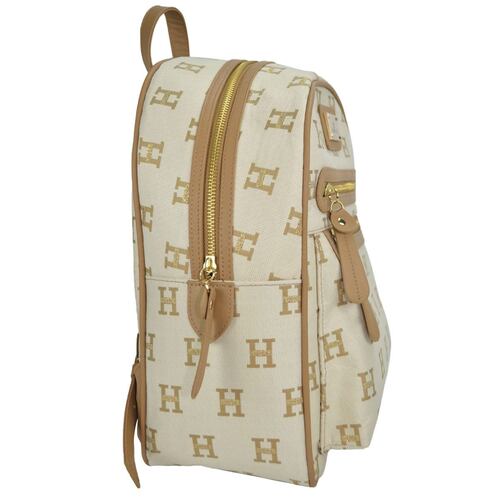 Bolsa Huser monograma tipo back pack camel con cosmetiquera mod. M1B1710.