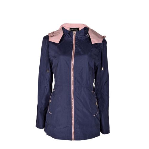Gabardina para mujer, con capucha, jareta y parches en codos Philosophy talla chica color azul combinado modelo GCR2214R