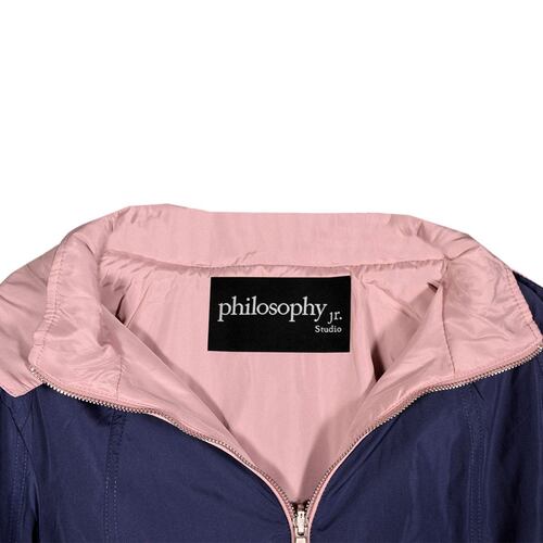 Gabardina para mujer, con capucha, jareta y parches en codos Philosophy talla grande color azul combinado modelo GCR2214R