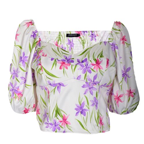 Blusa corta estampada de manga aglobada Philosophy talla mediana color blanco combinado modelo 11601