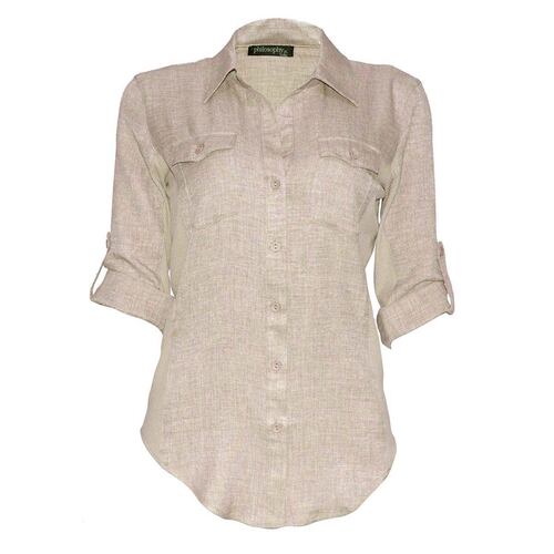 Blusa con elevación en mangas y botones Philosophy talla mediana color beige modelo WTP261N