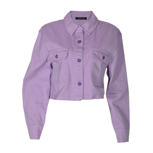 Chamarra para mujer, corta con botones y bolsillos Philosophy talla grande color morado claro modelo 80008JM