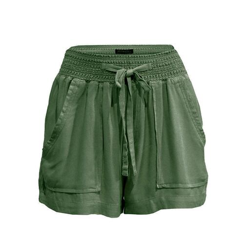 Short para mujer con elástico en cintura, jareta y bolsillos Philosophy Jr talla mediana color verde obscuro modelo TWSH06CLN
