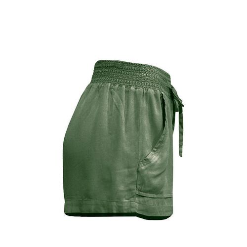 Short para mujer con elástico en cintura, jareta y bolsillos Philosophy Jr talla mediana color verde obscuro modelo TWSH06CLN