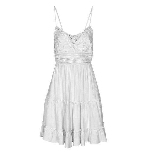 Vestido corto para mujer, con encaje y olanes Philosophy Jr talla chica, color hueso, modelo 4487DY