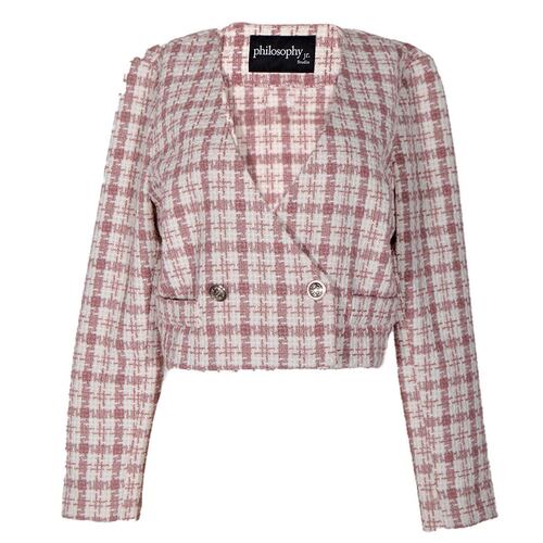 Saco corto para mujer, cruzado con bolsillos y botones Philosophy talla chica color rosa combinado modelo 11702