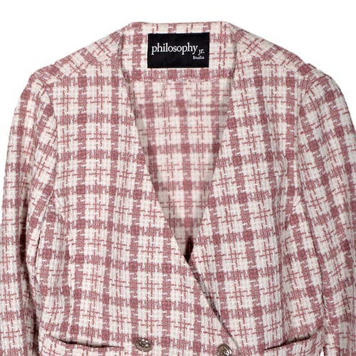Saco corto para mujer, cruzado con bolsillos y botones Philosophy talla chica color rosa combinado modelo 11702