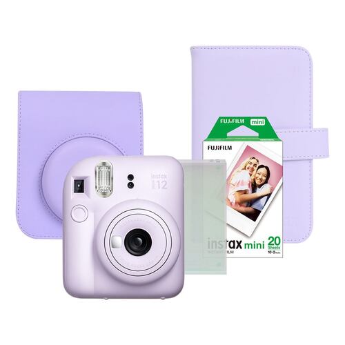 Comprar Kit de Cámara instantánea Fujifilm instax mini 12 Lila con funda,  carga 10 fotos y adhesivos magnéticos · Hipercor