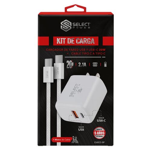 Cargador de Pared Select Power de Carga Rápida con Doble Salida USB y Tipo C 20W
