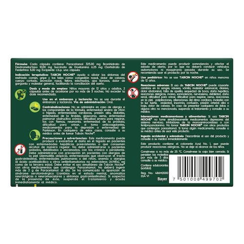 Tabcin Noche 325mg/10mg 12 Cápsulas