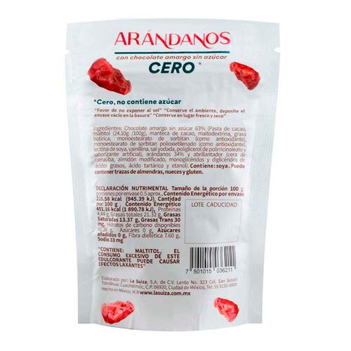 Bolsa de Arandanos c/Chocolate Amargo Sin Azúcar La Suiza 50Gr