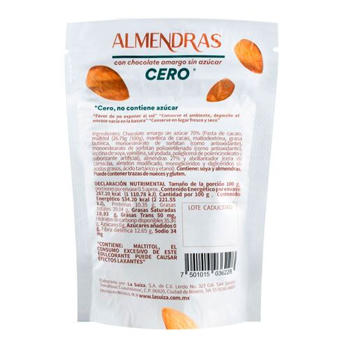 Bolsa de Almendras c/Chocolate Amargo Sin Azúcar La Suiza 50Gr