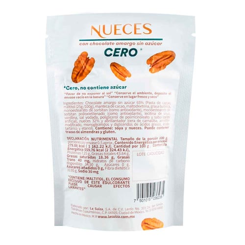 Bolsa De Nueces c/Chocolate Amargo Sin Azúcar La Suiza 50Gr
