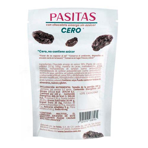 Bolsa de Pasitas c/Chocolate Amargo Sin Azúcar La Suiza 50Gr
