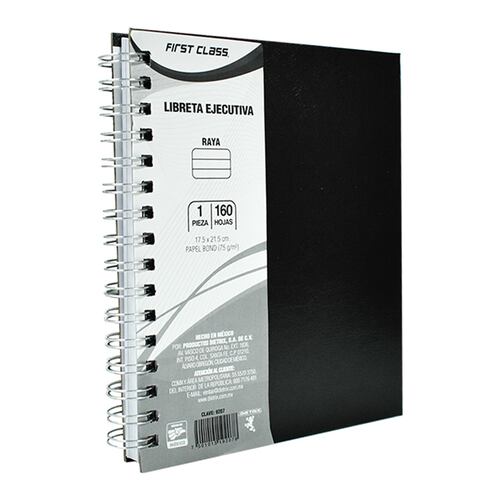 Cuaderno Frances Engargolado de Tapa Dura con 160 Hojas de Raya Nutria Negro FIRST CLASS