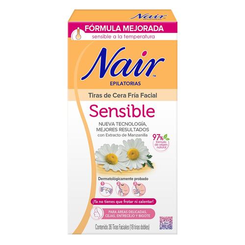 Tiras de Cera Fría Facial para Piel Sensible con Extracto de Manzanilla Nair