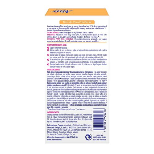 Tiras de Cera Fría Facial para Piel Sensible con Extracto de Manzanilla Nair