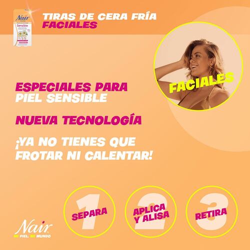 Tiras de Cera Fría Facial para Piel Sensible con Extracto de Manzanilla Nair