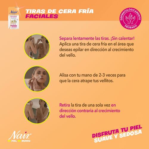 Tiras de Cera Fría Facial para Piel Sensible con Extracto de Manzanilla Nair
