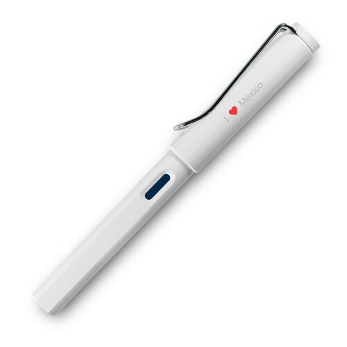 Pluma fuente safari white plástico brillante con logo I Love México