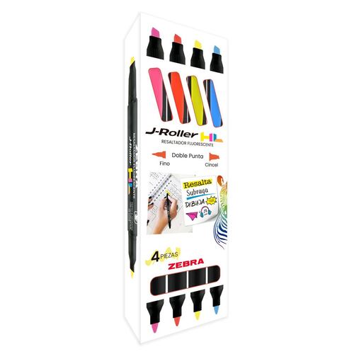 Set Resaltador Tinta Flourecente Zebra J-Roller 4 Piezas