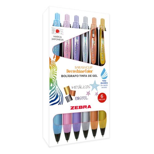 Set Bolígrafo Rollerball Retráctil Zebra Sarasa Deco-Shine Color Métalico-Pastel 6 Piezas