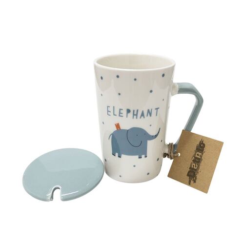 Taza cerámica con tapa y cuchara con diseño de elefante