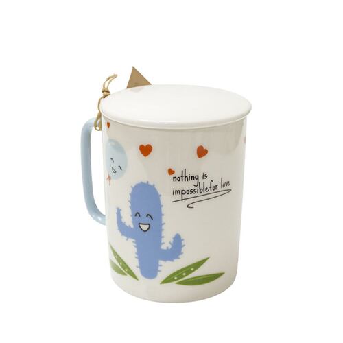 Taza cerámica con tapa blanca con diseño de cactus feliz