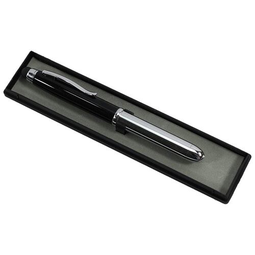 Pluma plateada con negro con apuntador en estuche
