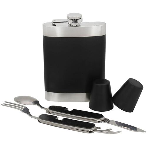 Juego de licorera 8 onzas, 2 vasos, cuchillo, tenedor y juego de ajedrez con estuche