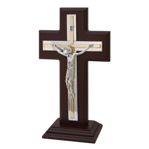 Crucifijo tamaño # 25 con Cruz y base en madera de pino y baño de oro y plata