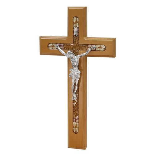 Crucifijo de la abundancia de metal y madera con semillas, trigo, friijol y maiz, en color natural, con chapa de plata