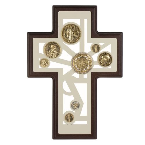 Cruz Medallas religiosas doradas en madera Jorvina