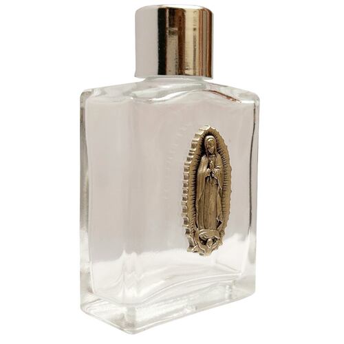 Botella Cristal Grueso Relieve Virgen de Guadalupe Plata para Agua Bendita 15 ml Cobaart