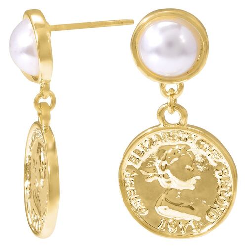 Aretes largos con perla y colguije de moneda chapa de oro Unlimited By Oro Boleado