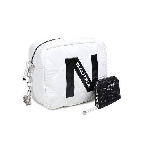 Bolsa estilo Crossbody marca Náutica color Blanco con cartera en contraste color Negro modelo A10521