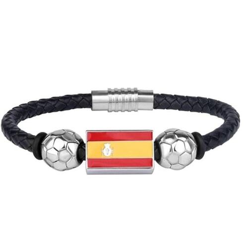 Pulsera Mundial de Piel con Bandera España y Balones Mayfer Homme