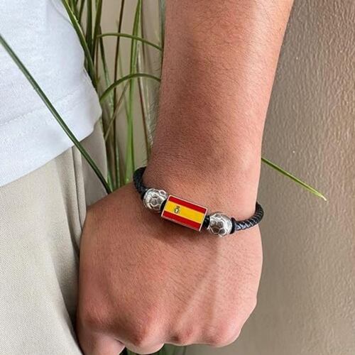 Pulsera Mundial de Piel con Bandera España y Balones Mayfer Homme