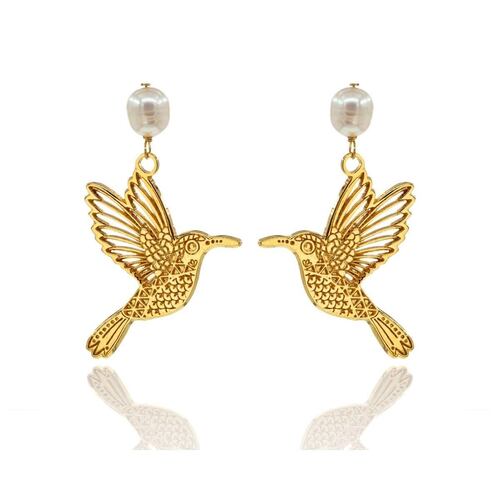 Aretes Colgantes de Colibrí con Perla de Río Ablime