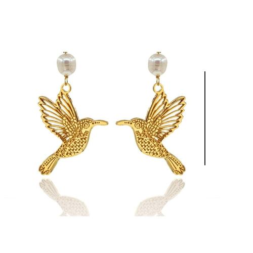Aretes Colgantes de Colibrí con Perla de Río Ablime
